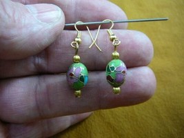 (ee614-10) Lime Green pink flower CLOISONNE bead gold oval dangle EARRINGS - £14.05 GBP