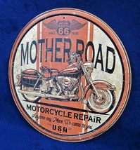 Rt 66 Mother Road Motorcycle - Round Metal Tin Sign - Man Cave Garage Bar Décor - £14.39 GBP