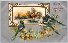 Vintage New Year Greetings Blue Birds Postcard - $5.37