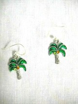 Tropical Coconut Palm Tree W Crystal Accents On Sterling Silver Wires Earrings - £9.73 GBP