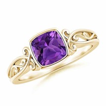 Authenticity Guarantee 
Vintage Style Cushion Amethyst Solitaire Ring in 14K ... - £372.77 GBP