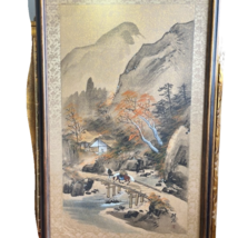 Signed Chinese Watercolor Landscape &quot;Mountain Bridge&quot; Scroll Painting Framed - £2,010.69 GBP