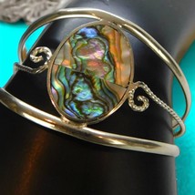 Vintage Alpaca Mexico Bracelet Cuff  Oval Shaped Abalone InlaSmall Wrist 6.5&quot; - £11.73 GBP
