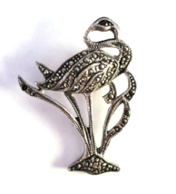 Sterling Silver Marcasite Flamingo with Red Gem eye Brooch Pin  - £18.07 GBP