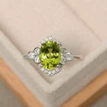 2.25 Ct Oval Cut Green Peridot Halo Engagement Ring 14K White Gold Over - £83.90 GBP