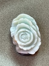 Finely Carved Thick Aqua Blue Cabbage Rose w Black Leaves on Back Stone Pendant - £29.93 GBP