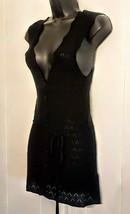 Frenchi Sweater Vest size RUNS SMALL Black Lacy Stretch Button Front Tie Belt - £30.23 GBP
