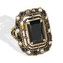 Big Black Stone Ring For Women Vintage Look Antique Gold Fashion Crystal Flower  - £6.13 GBP