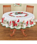 Round Elegant White Holiday Cardinals &amp; Poinsettias Christmas Tablecloth - $41.99