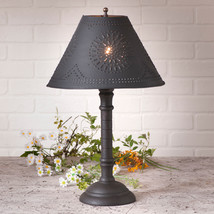 TABLE LAMP &amp; PUNCHED TIN SHADE - Distressed Black over Red Crackle Finis... - $196.45