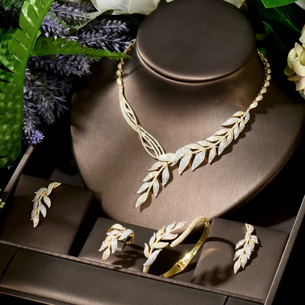Elegant Leaf Shape Gold Color Micro Zirconia Pave Dubai Wedding Jewelry Sets For - £132.59 GBP