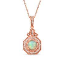 10K Rose Gold Round Cut Ethiopian Opal 1/8Ct Diamond Vintage Halo Necklace - £227.34 GBP