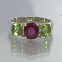 Natural Red Ruby Green Peridot 925 Silver Three Stone Ring Size 8.75 Design 177 - £166.62 GBP