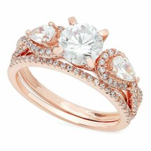 2.10 Ct Round Moissanite 3-Stone Halo Engagement Ring Set 14k Rose Gold Plated - £118.70 GBP