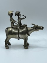 Silver Metal Chinese Twin Boy with Flute Water Buffalo Cow Sculpture Weld Art - £97.88 GBP