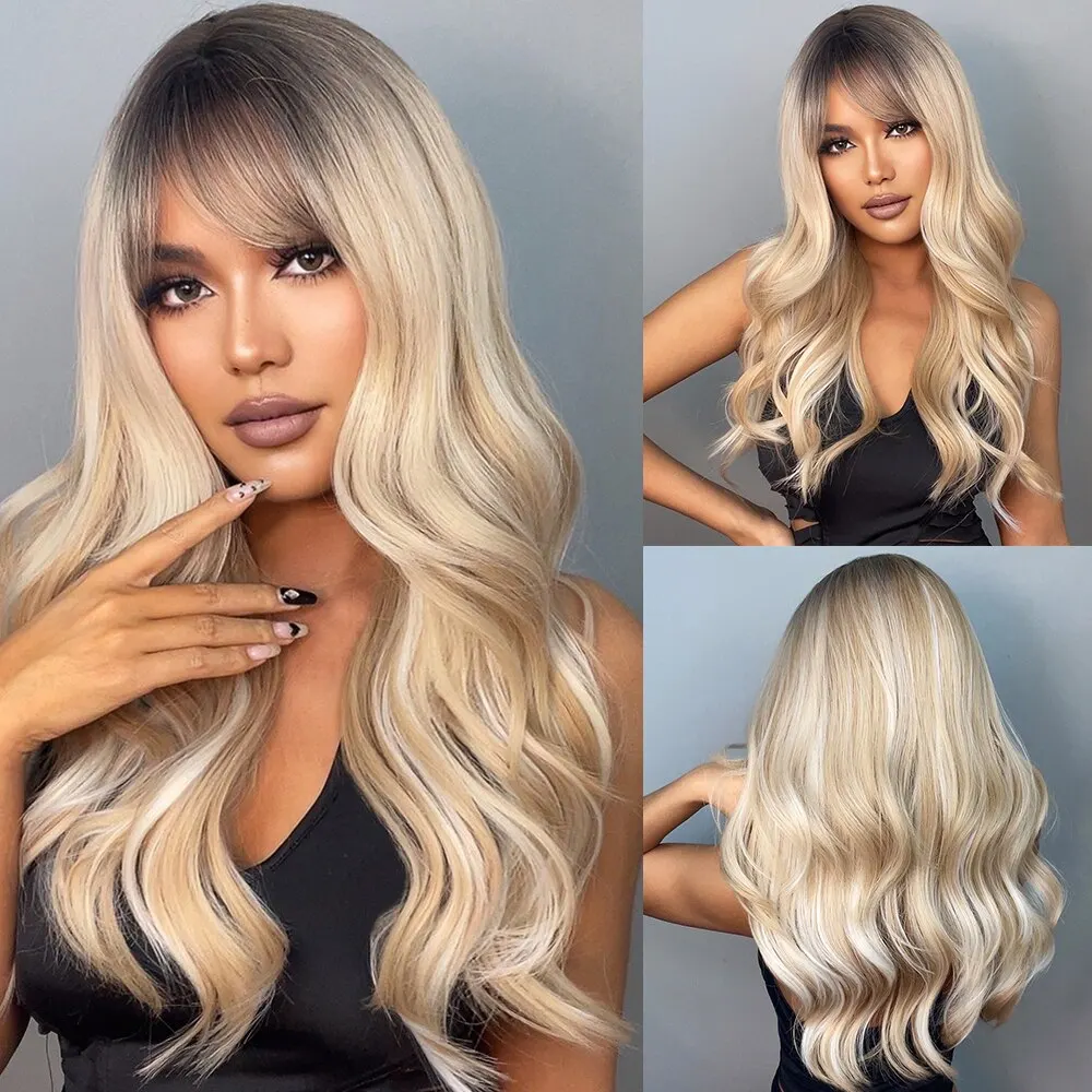 HAIRCUBE Long Ombre Brown Black Light Blonde Synthetic Wigs with Bangs He - £10.94 GBP