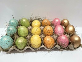 18pc EASTER Pastel Speckled Eggs in Carton Basket Bowl Fillers Yellow Home Decor - £23.36 GBP