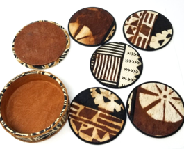 1970s Faux Animal Hide Coasters Black White Wood Cork Set of 4 In Case - £22.37 GBP
