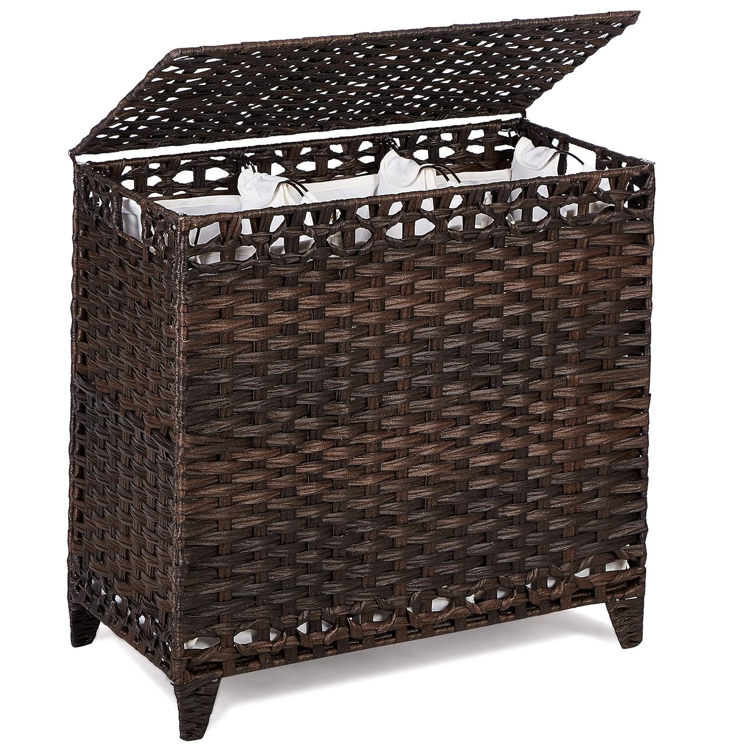Laundry Hamper With 3 Removable Liner Bags; 132L Handwoven Rattan Laundry Basket