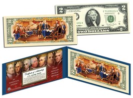 Founding Fathers Colorized Back Genuine $2 Bill With Founding Father&#39;s Cert - £11.17 GBP