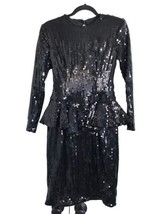 Vtg TADASHI Petites Womens Dress Sequined 80&#39;s Black Sheath Peplum Size 4P - £29.48 GBP