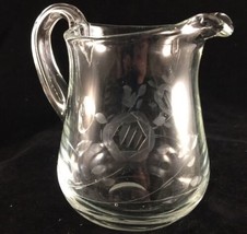 Elegant Heavy Clear Glass Creamer - Etched Rose blown glass applied handle - $9.87