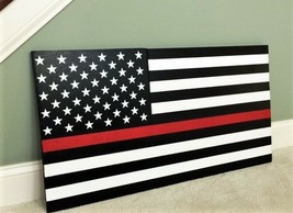 36x19&quot; Large Hand-Crafted Thin Red Line Wood American Flag for our Firefighters - £51.71 GBP