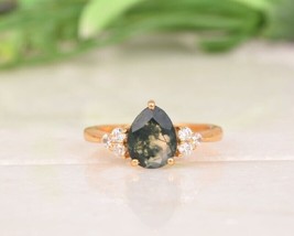 Natural Moss Agate Ring, Pear Moss,Art Deco, Diamond Cluster Ring - £51.01 GBP