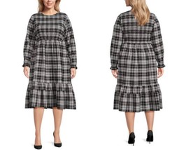 Terra &amp;Sky Black White Plaid Smocked Midi Long Sleeve Peasant Dress Plus Size 4X - £14.72 GBP