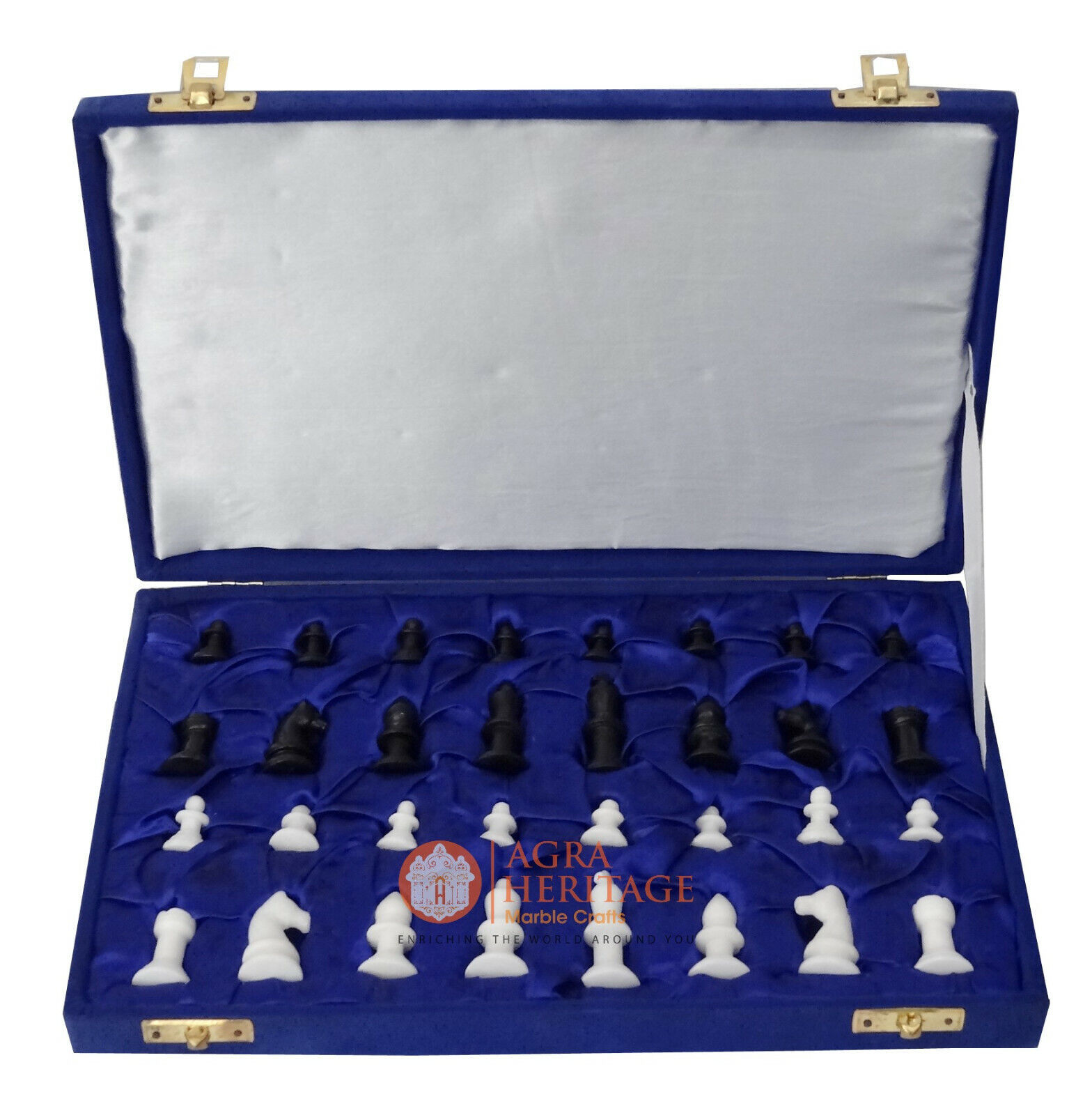 King Size 2&quot; Marble Chess Pieces With Blue Velvet Box Handmade Chess Lovers - $177.79