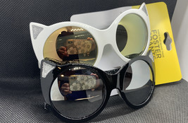 NWT Girls Kids Foster Grant Cat Kitty Sunglasses 2 Pack - 2 Pairs - Black White - £5.46 GBP