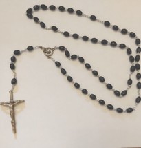 Vintage  Rosary Black Beads Silver Cross Italy  - $29.70