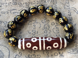 Nine-Eyes Dzi with Black Bead Bracelet , Tibetan Chung Bead, Pure Agate ... - £32.04 GBP