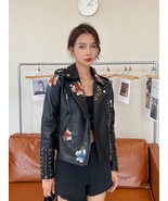 Floral Leather jacket women&#39;s  spring and autumn embroidered leather bla... - $80.00