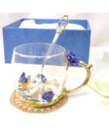 Luxury Unique Glass Tea Cup Coffee Mug &amp; Spoon Blue Rose Butterfly Gold ... - $19.99