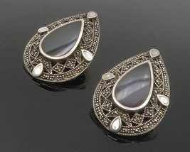 925 Sterling Silver - Vintage Black Onyx &amp; Marcasite Tear Drop Earrings - EG6515 - £38.46 GBP