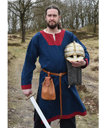 Title: Medieval Cotton Tunic Blue/Red with Contrast Hem &amp; Side Slits - $126.23 CAD