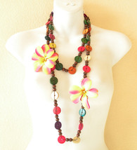 New Women Colorful Wooden Crafted Chains Loop Long Removable Flowers Necklace - £15.15 GBP