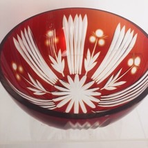 Ruby Red Cut to Clear Bohemian Czech Floral Crystal Bowl  6.5-in Candy Dish - £33.91 GBP