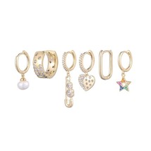 ANENJERY 6 pieces/set Silver Color  Heart Pin Star Thick Hoop Earrings Set MiZir - £14.91 GBP