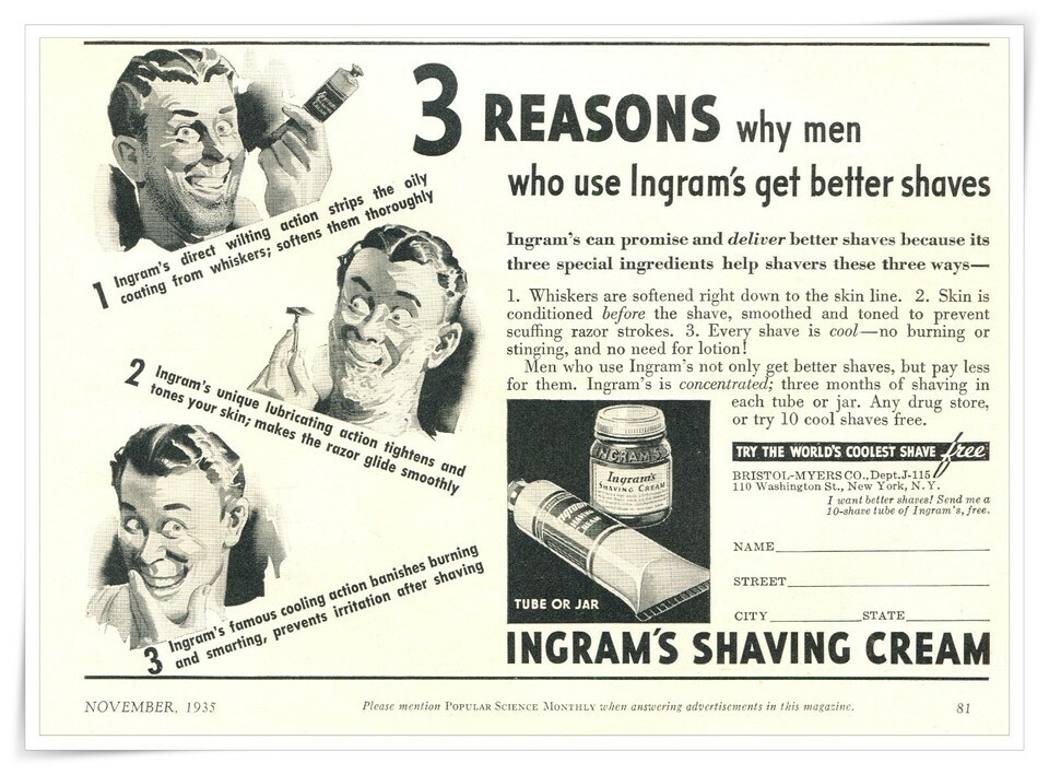Print Ad Ingram&#39;s Shaving Cream Bristol-Myers 1935 1/2-Page Advertisement - $9.70