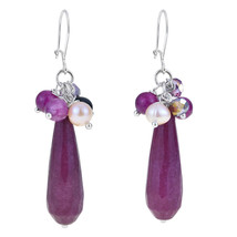 Charismatic Clustered Purple Stones Teardrops Sterling Silver Dangle Earrings - £17.56 GBP