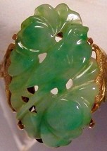 Asian Chinese 14K Gold &amp; Carved Green Jade Jadeite Ring, Sz 7.5, Bird, Dragons - £808.54 GBP