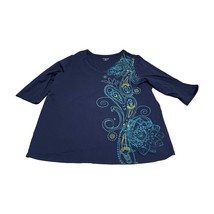 Catherines Tee Shirt Womens OX Blue Stretch Paisley Beaded V-Neck 3/4 Sleeve Top - £18.25 GBP