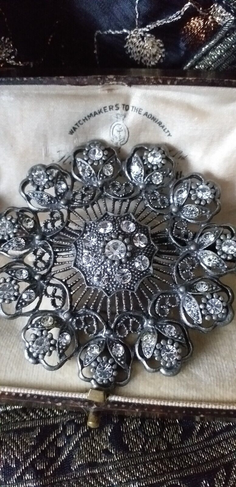 VINTAGE 1970-s Extremely Large Pewter Crystal Openwork Czech Style Brooch. - $34.67