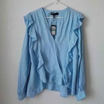 NWT Max Studio London Blue V-Neck Blouse Ruffles Long Sleeves Rayon Women Large  - £14.65 GBP