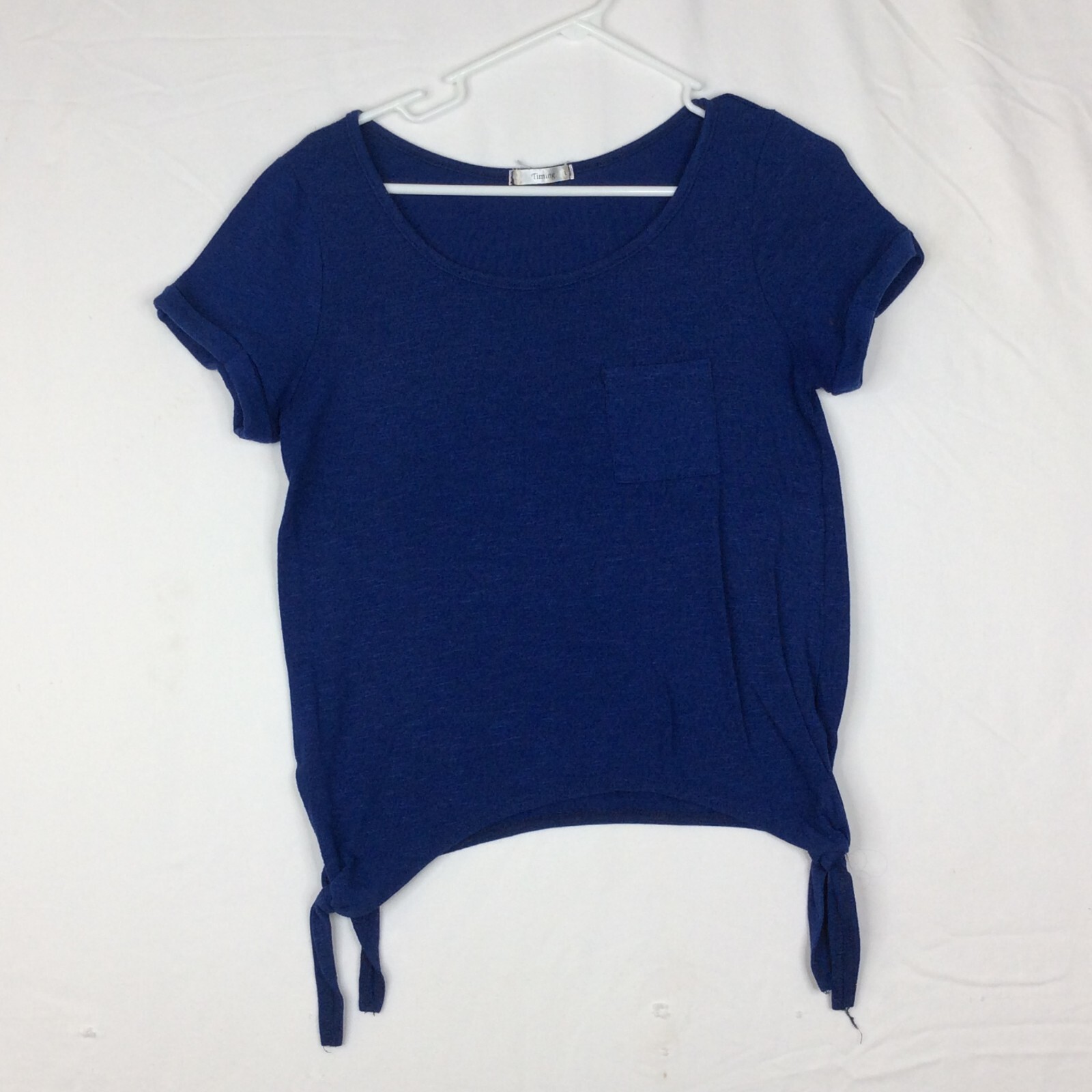 TIMING Navy Blue Short Sleeve Cinched Side Crop Pocket Shirt Size Large - £5.18 GBP
