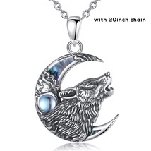 925 Sterling Silver Wolf on the Moon Necklace Moonstone Wolf Pendant Animal Seri - £30.69 GBP