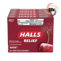 Full Box 20x Packs HALLS Relief Cherry Sore Throat Cough Drops 9 Drops Per Pack - £28.86 GBP