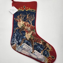 Sferra Needlepoint Reindeer Christmas Stocking Flying Handmade Velvet Back NEW - £74.72 GBP